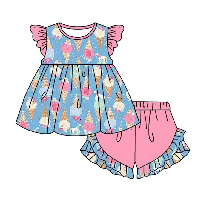 preorder GSSO2401 cute ice blue flutter sleeve pink shorts girls set