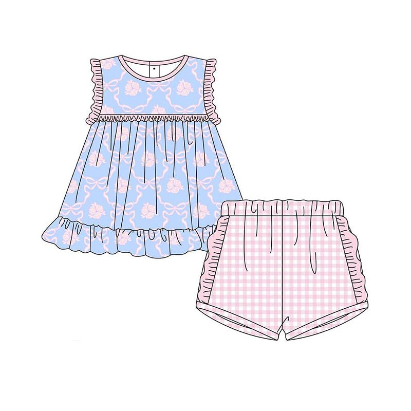 preorder GSSO2403 pink bows flowers blue sleeveless pink checkered shorts girls set