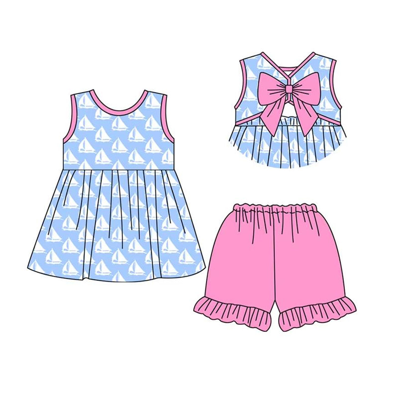 preorder GSSO2405 cute sailboat with bow blue sleeveless hot pink shorts girls set