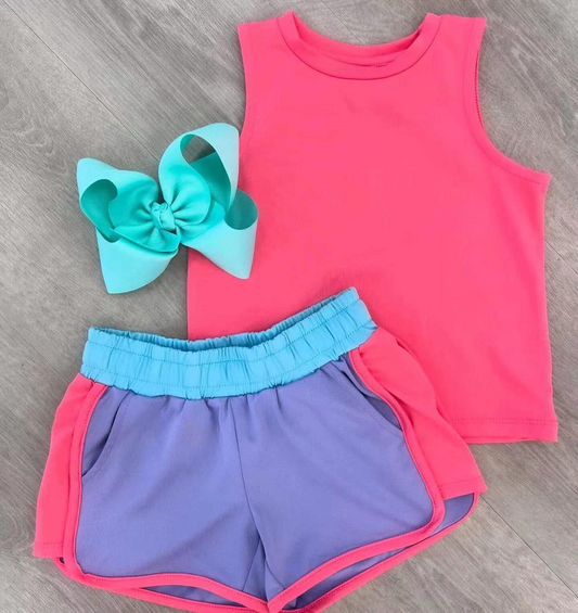 preorder GSSO2507 hot pink sleeveless purple shorts girls set yoga