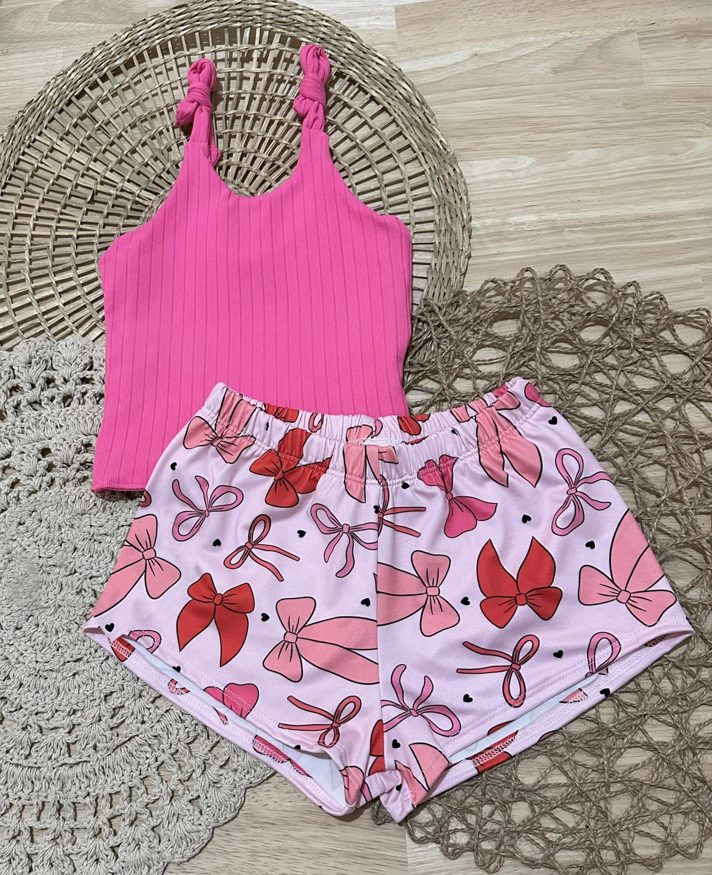 preorder GSSO2438 hot pink camisole pink red bows coquette bows shorts grils set