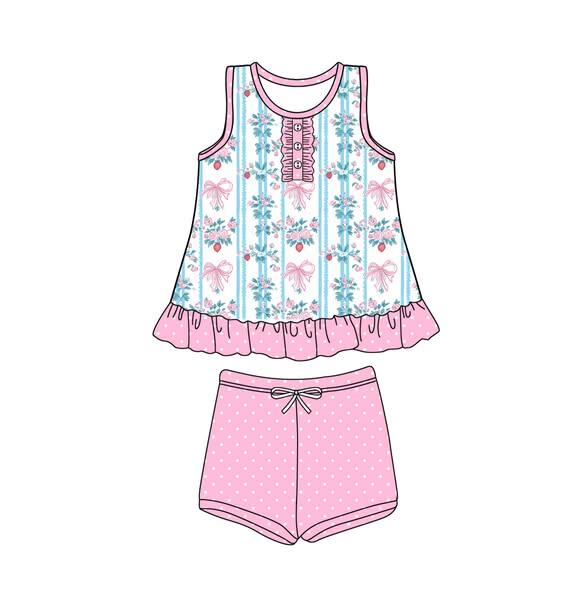 preorder GSSO2443 pink bows flowers sleeveless pink shorts girls set