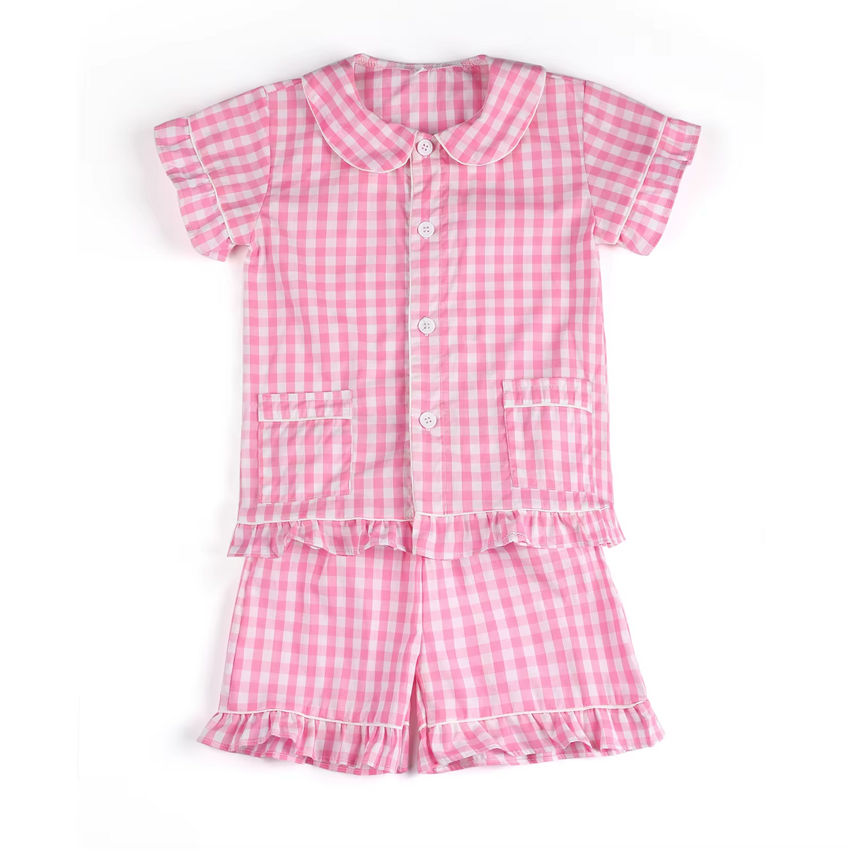 preorder GSSO2444 pink checkered pockets short sleeve shorts girls set