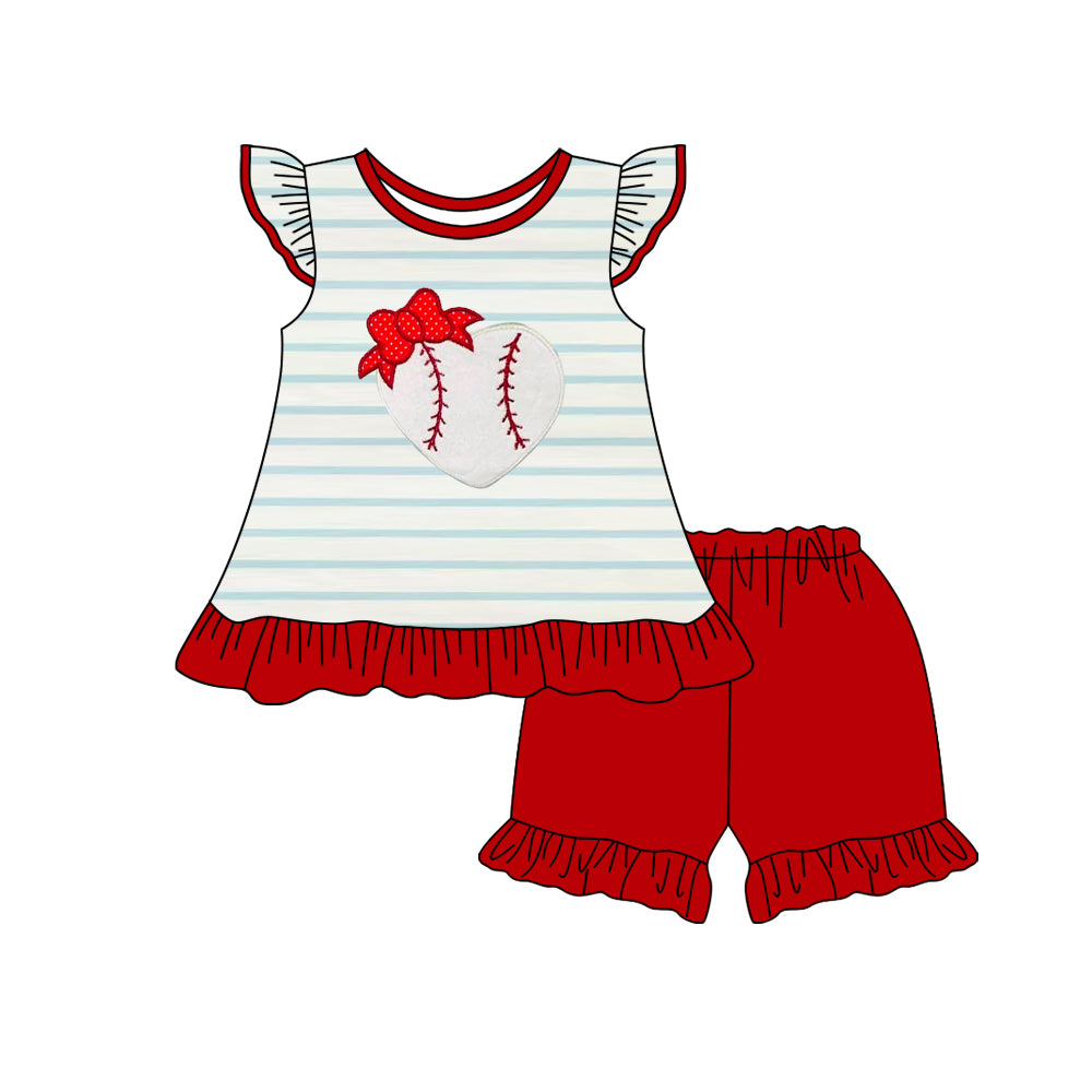 preorder GSSO2446 play bow baseball striped flutter sleeve red shorts girls set