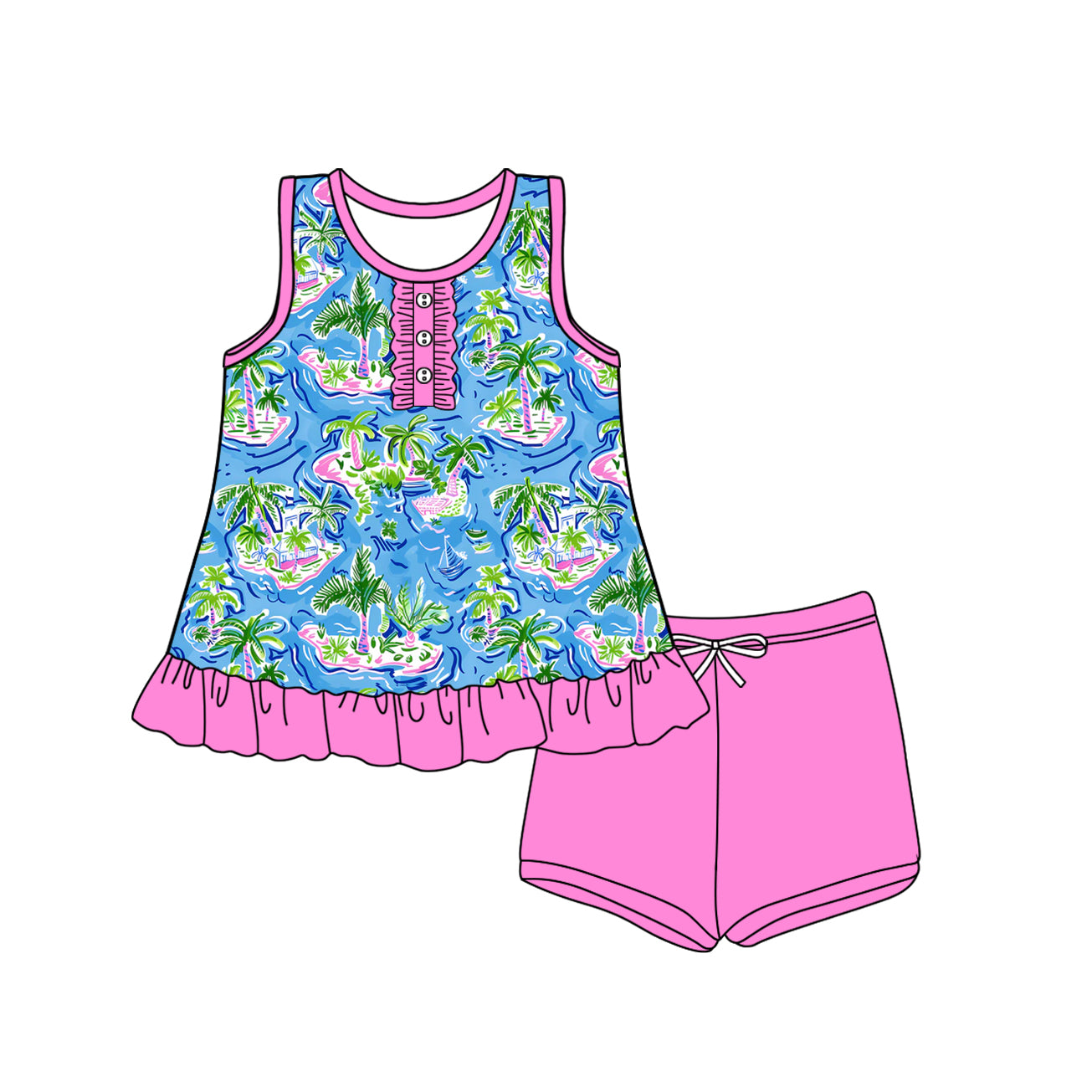 preorder GSSO2447 coconut tree holiday blue sleeveless hot pink shorts girls set