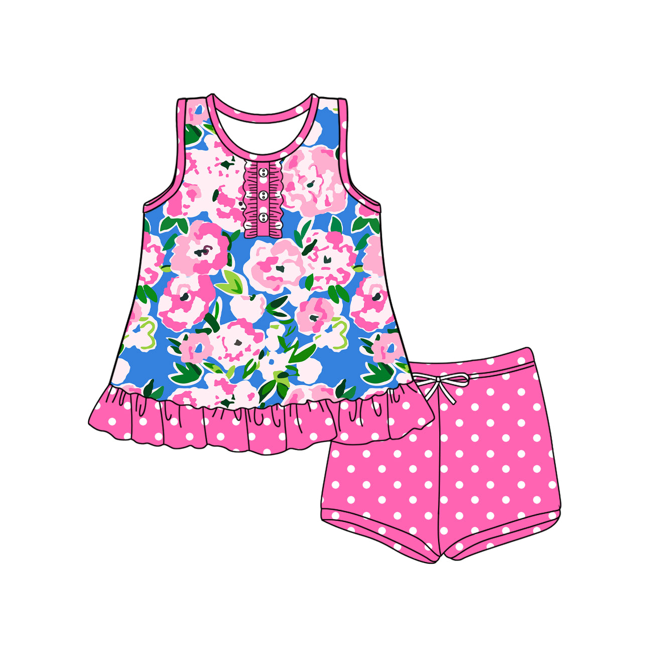 preorder GSSO2453 hot pink flowers blue sleeveless hot pink dot shorts girls set