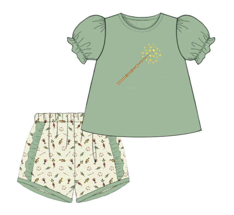 preorder GSSO2458 magic stick green short sleeve leaf shorts girls set