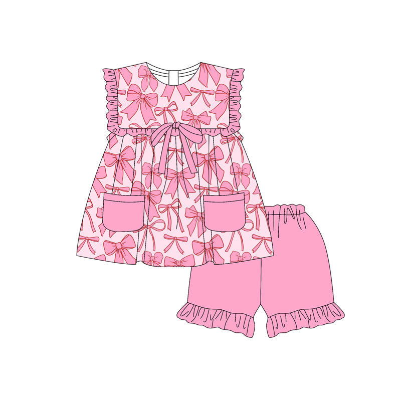 preorder GSSO2464 pink bows pockets sleeveless pink shorts girls set