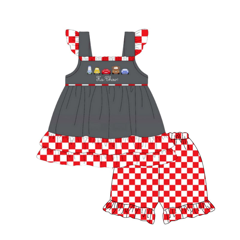 preorder GSSO2493 cartoon car grey flutter sleeve red checkered shorts girls set