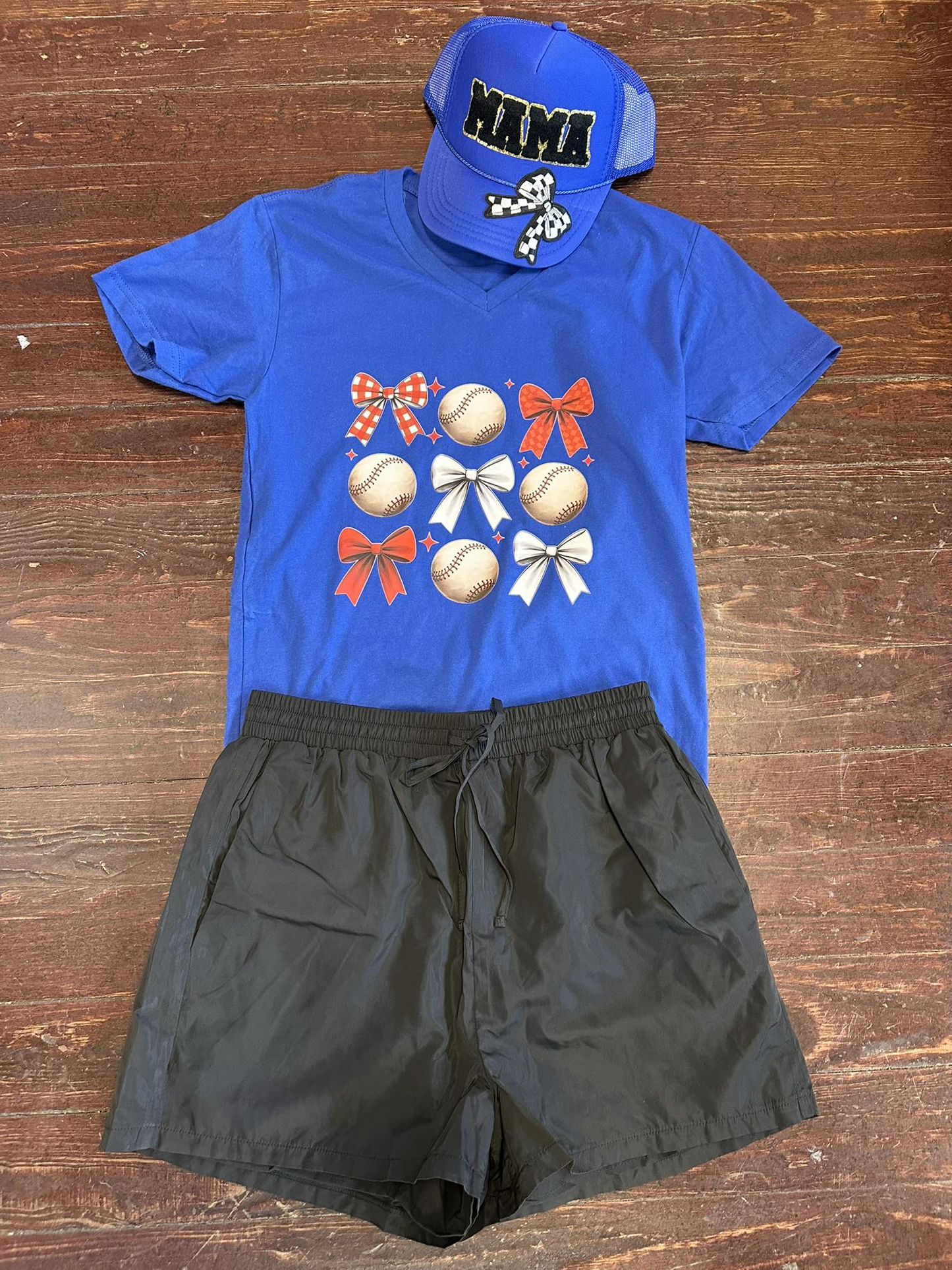 preorder GSSO2497 play baseball bows blue short sleeve black shorts girls set