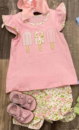 preorder GSSO2508 ice pink flutter sleeve pink flowers shorts girls set