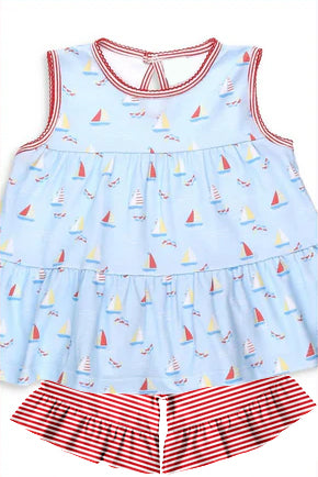 preorder GSSO2513 cartoon boat sleeveless red striped shorts girls set