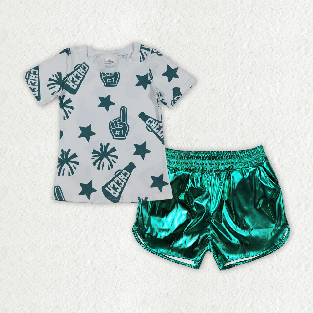 GSSO2517 cheer firework star green short sleeve green leather shorts girls set