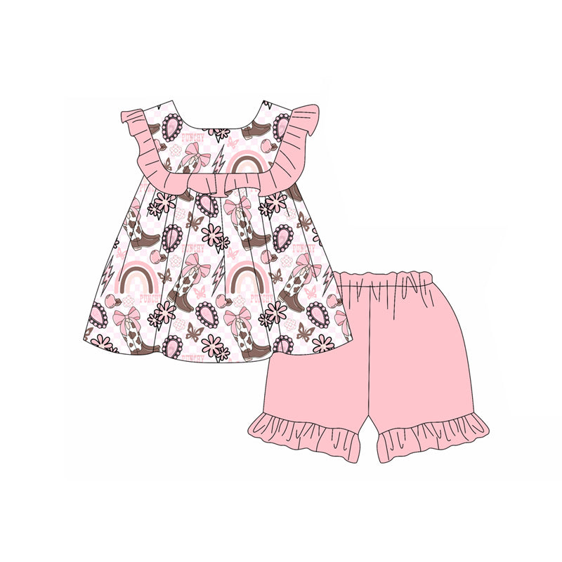 preorder GSSO2525 Western turquoise boot bows pink flutter sleeve pink shorts girls set