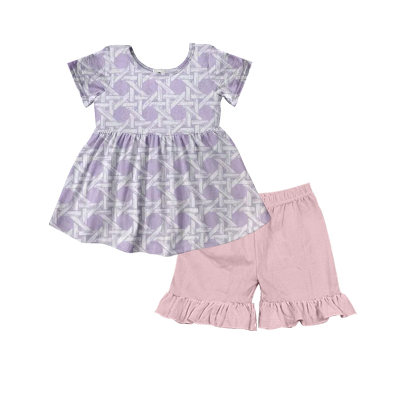 preorder GSSO2529 purple short sleeve pink shorts girls set