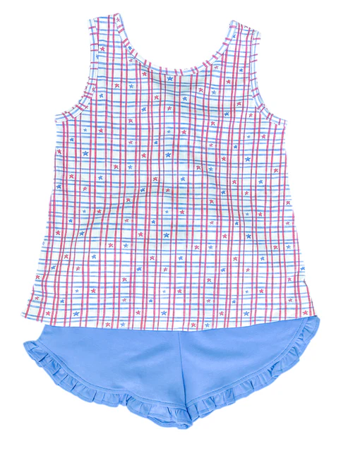 preorder GSSO2539 July 4th star red blue striped sleeveless blue shorts girls set
