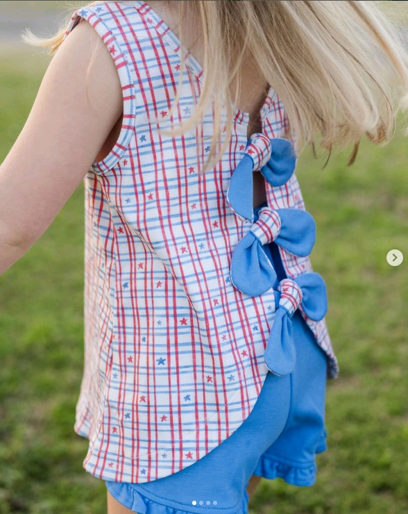 preorder GSSO2539 July 4th star red blue striped sleeveless blue shorts girls set