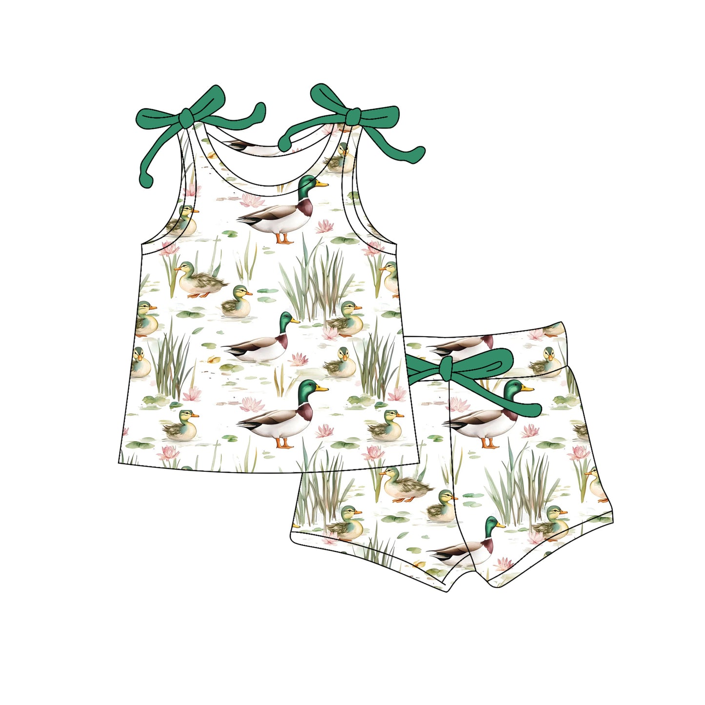preorder GSSO2575 mallard duck green sleeveless shorts Summer girls set