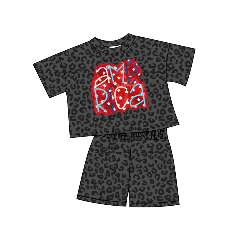 preorder GSSO2576 July 4th america black leopard short sleeve shorts girls set