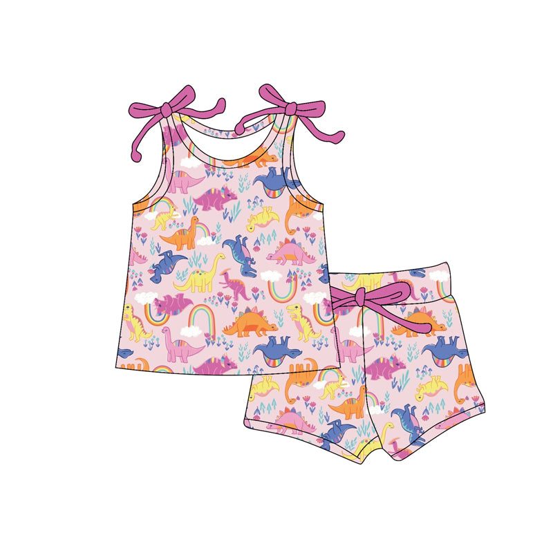 preorder GSSO2580 cute cartoon dinosaur rainbow pink sleeveless shorts girls set