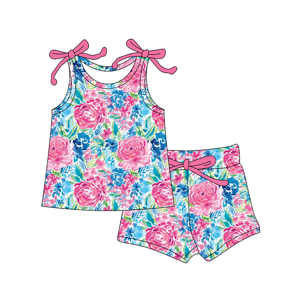 preorder GSSO2588 hot pink flowers rose blue sleeveless shorts girls set