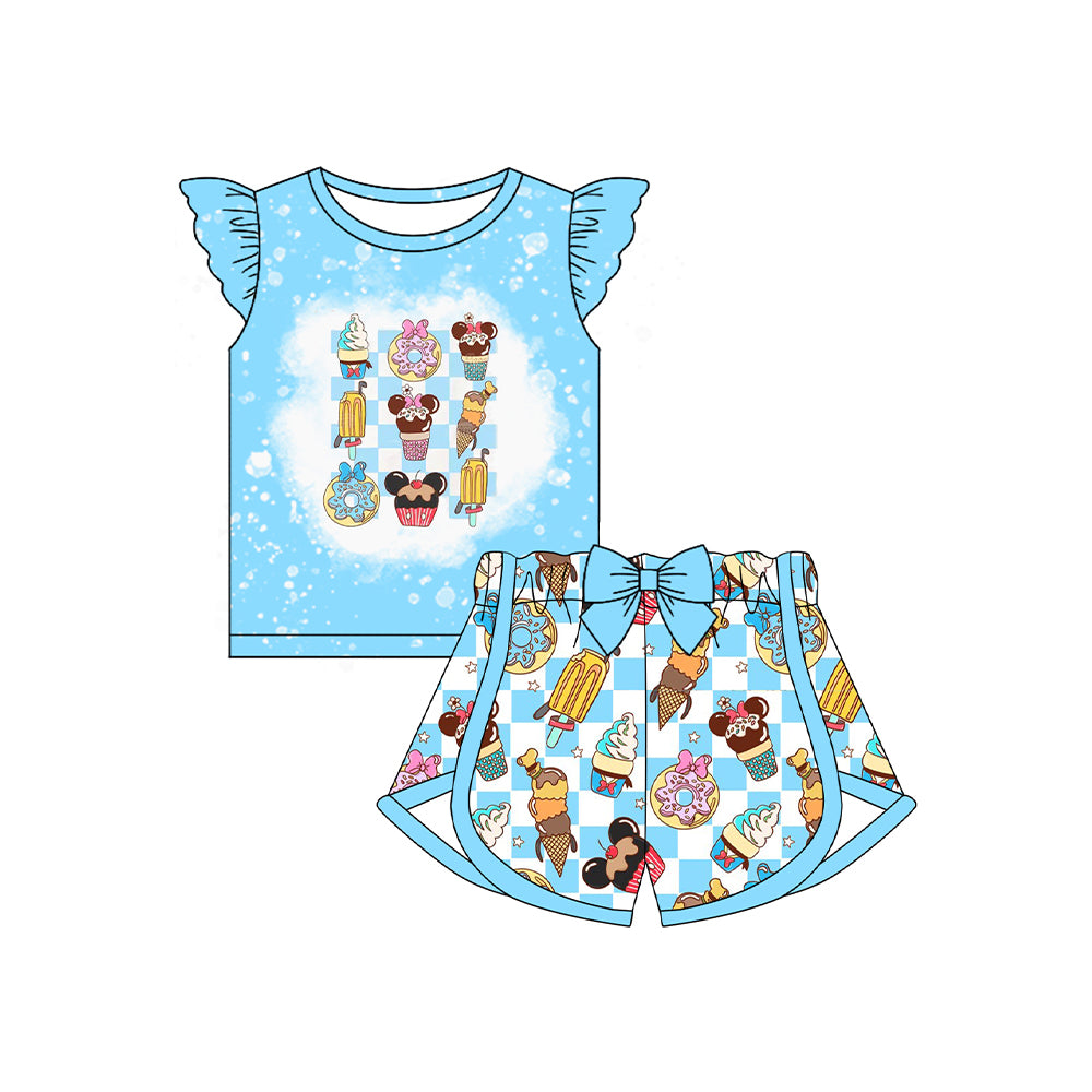 preorder GSSO2589 cartoon M ice blue flutter sleeve checkered shorts girls set