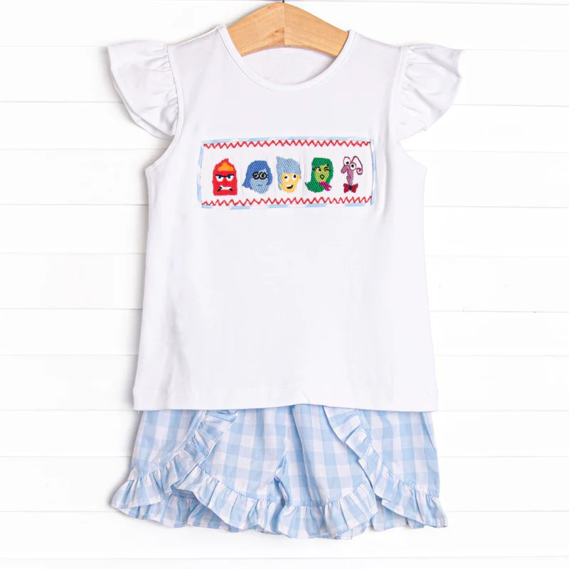 preorder GSSO2593 cartoon baby animals white flutter sleeve blue checkered boys set