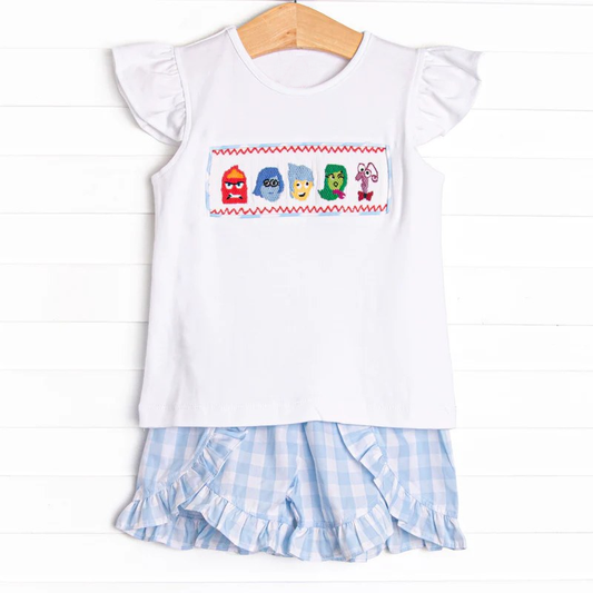 preorder GSSO2593 cartoon baby animals white flutter sleeve blue checkered boys set