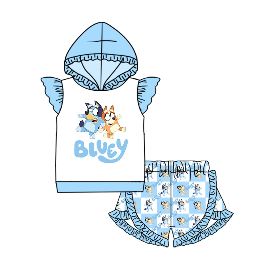 preorder GSSO2595 cartoon blue dog blue short sleeve hoodie blue checkered shorts girls set