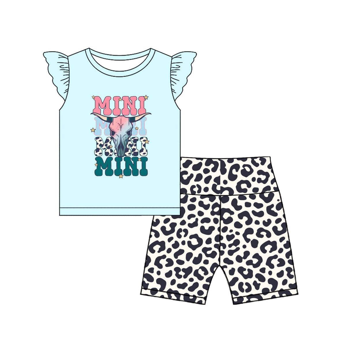 preorder GSSO2597 mini cow light green flutter sleeve black leopard shorts girls set