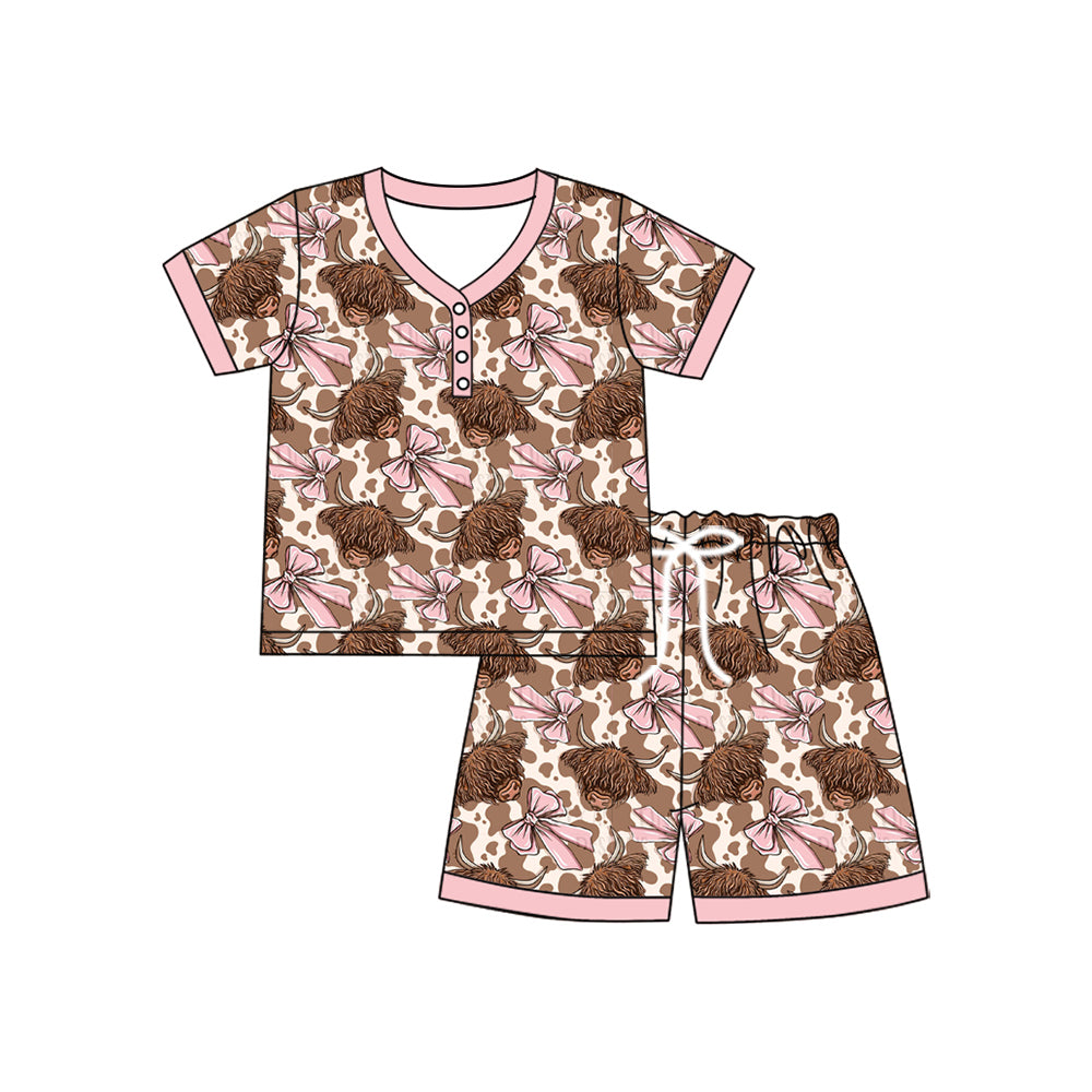 preorder GSSO2610 Western highland cow pink bows short sleeve shorts adult women pajamas
