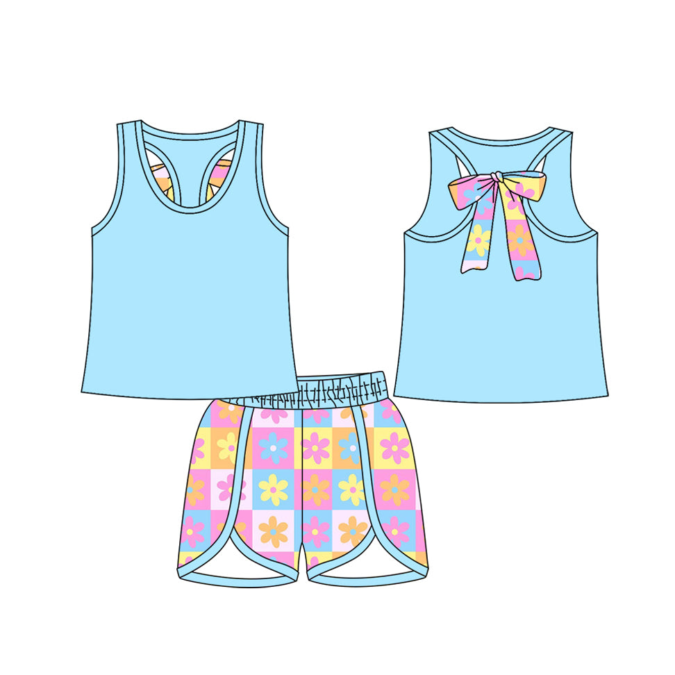 preorder GSPO2017 blue sleeveless colorful flowers checkered shorts girls set