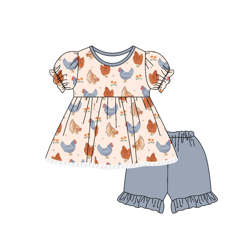 preorder GSSO2625 farm chick flowers short sleeve grey blue shorts girls set