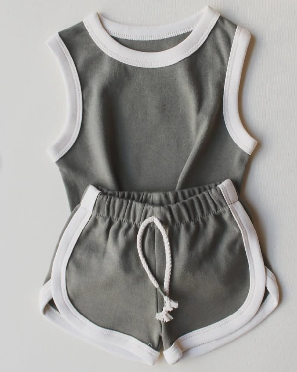 preorder GSSO2626 grey green sleeveless shorts girls set