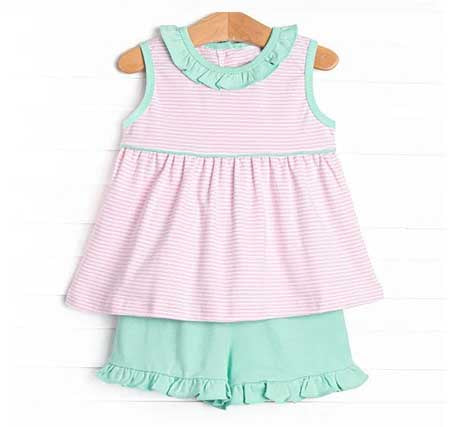 preorder GSSO2630 pink striped sleeveless green shorts girls set