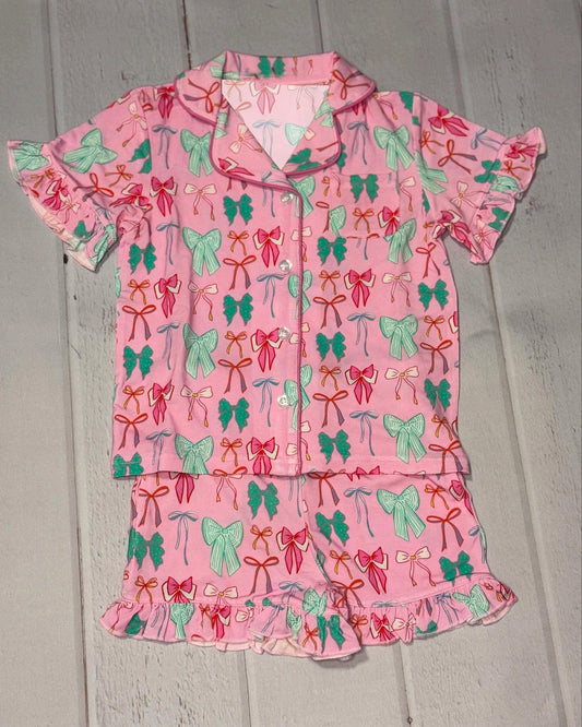 preorder GGSSO2636 Christmas red/green bows pink short sleeve shorts girls pajamas