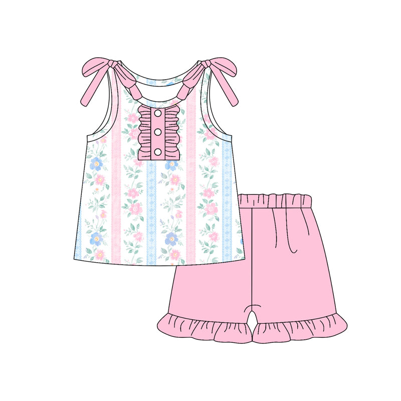 preorder GSSO2639 pink/blue flowers striped sleeveless pink shorts girls set