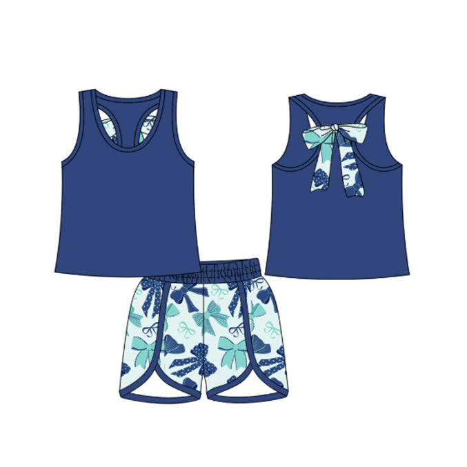 preorder GSSO2641 navy blue sleeveless blue bows shorts girls set with bow