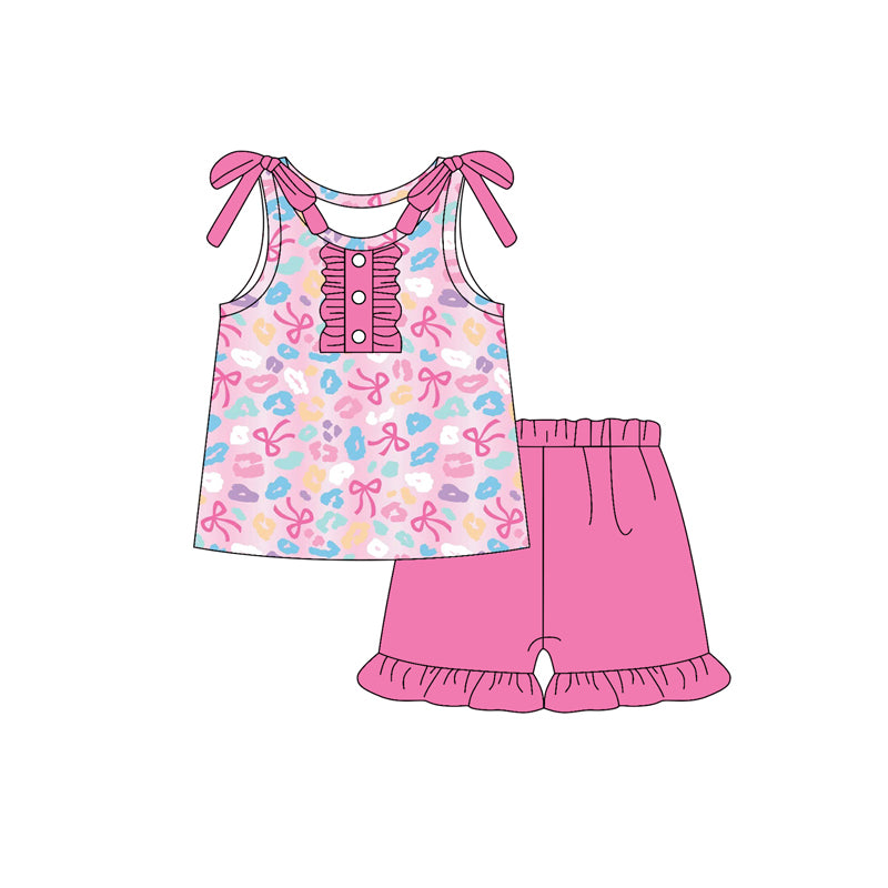 preorder GSSO2643 colorful leopard bows pink sleeveless hot pink shorts girls set