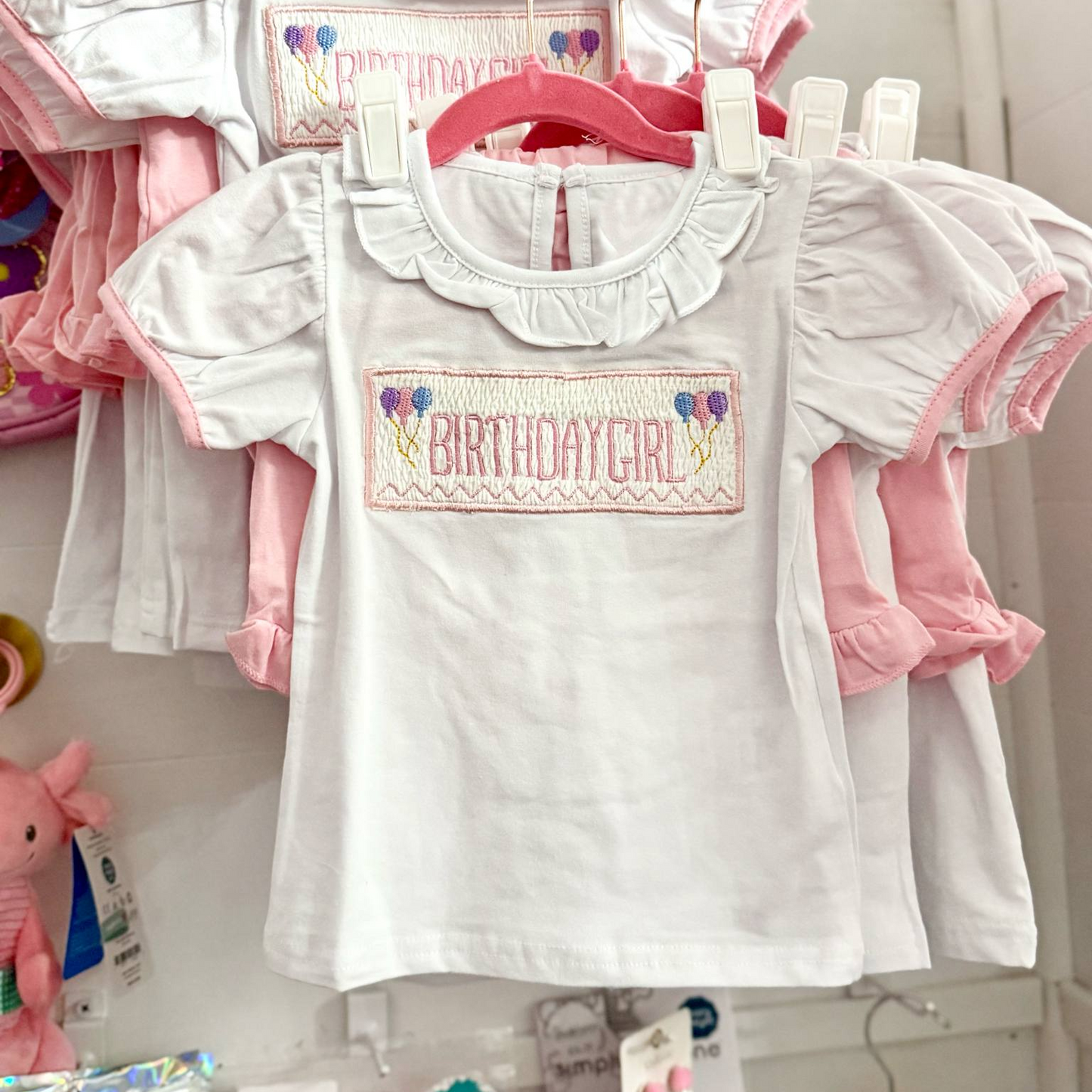 preorder GSSO2646 birthday girl balloon white short sleeve pink shorts girls set