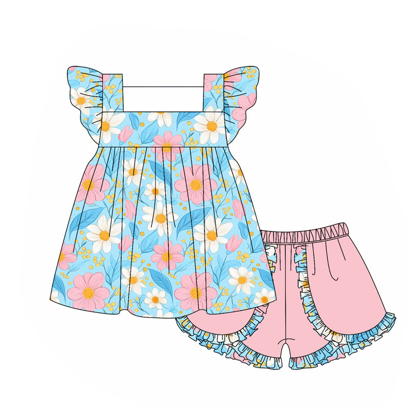 preorder GSSO2650 pink flowers white flowers blue flutter sleeve pink shorts girls set