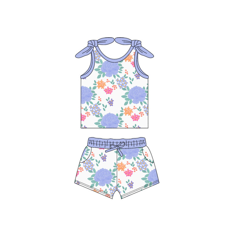 preorder GSSO2652 blue flowers colorful sleeveless shorts girls set