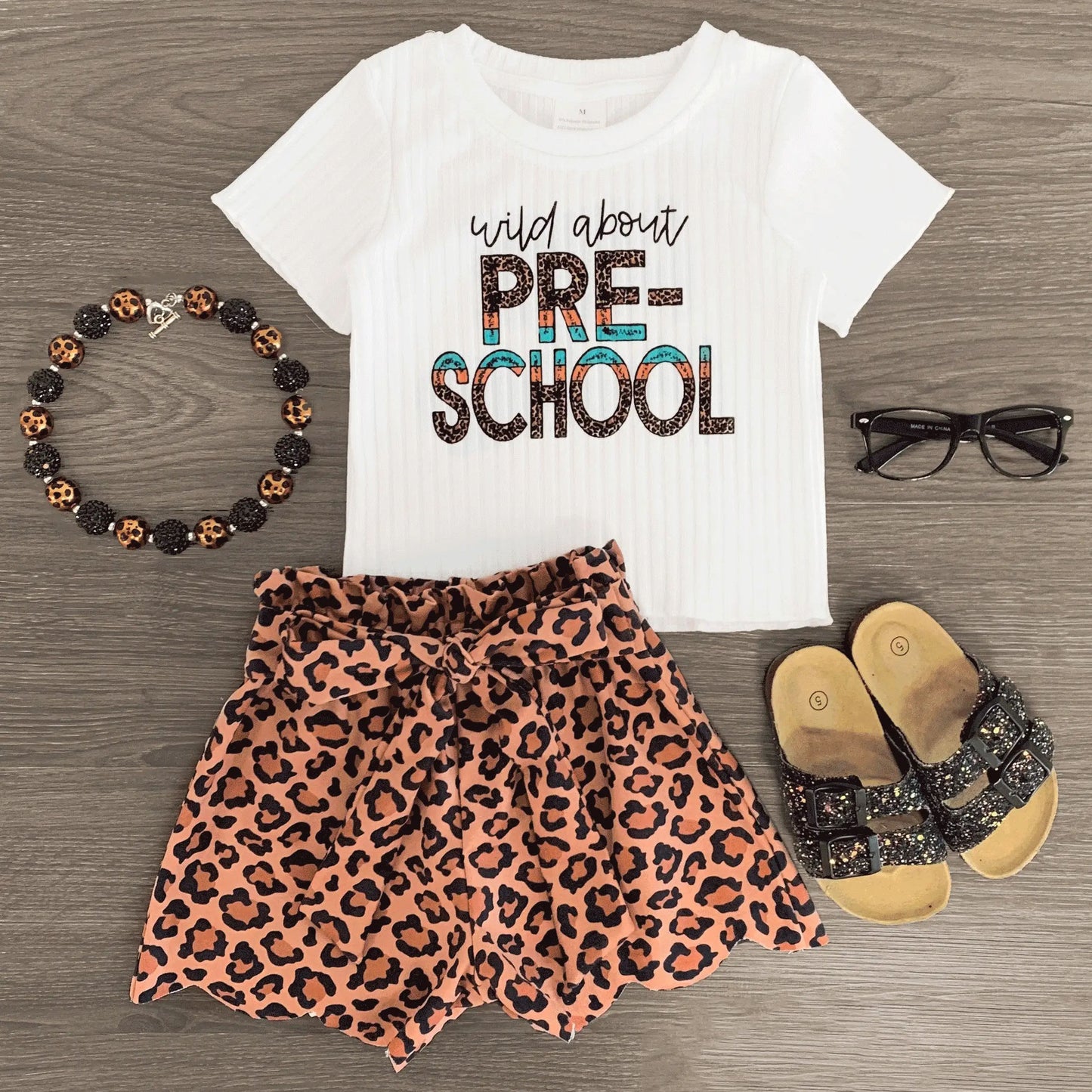 preorder GSSO2655 wild about pre-school short sleeve leopard shorts girls set
