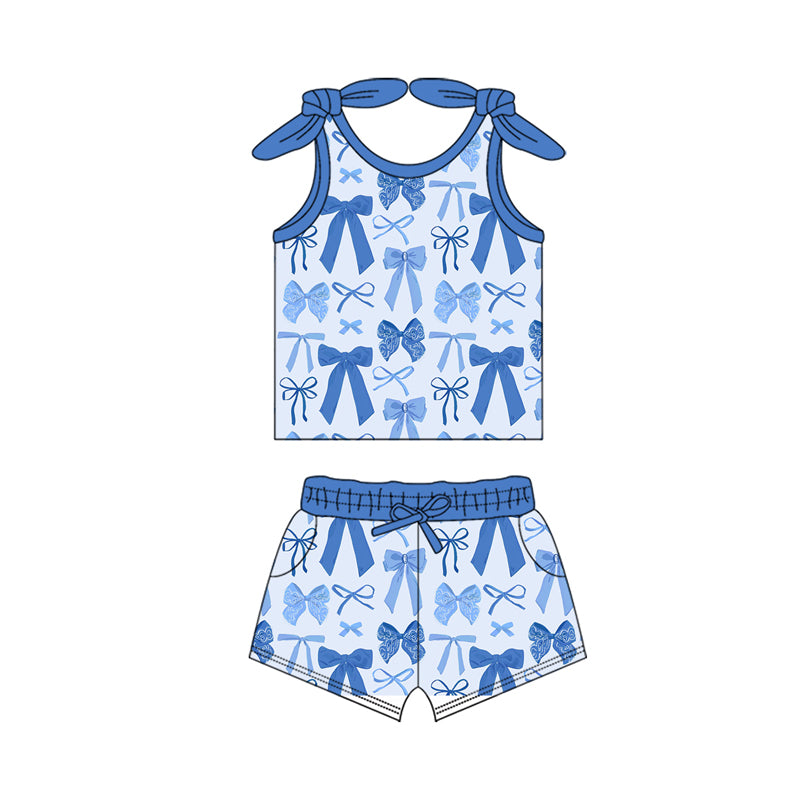 preorder GSSO2657 Summer blue bows sleeveless shorts girls set