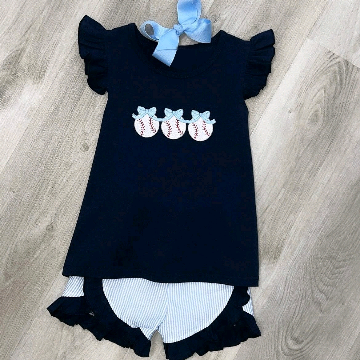 preorder GSSO2661 baseball navy blue flutter sleeve shorts girls set