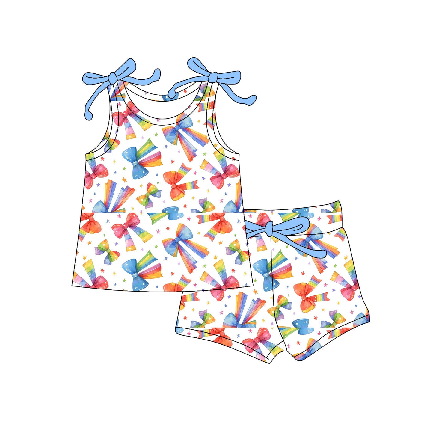 preorder GSSO2662 rainbow bows blue sleeveless shorts girls set