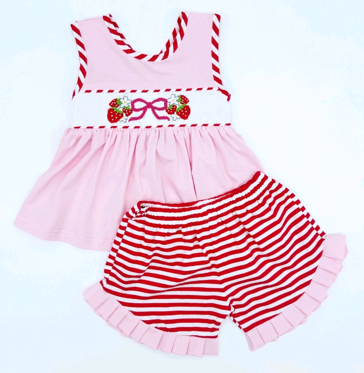preorder GSSO2679 strawberry bows pink sleeveless red striped shorts girls set