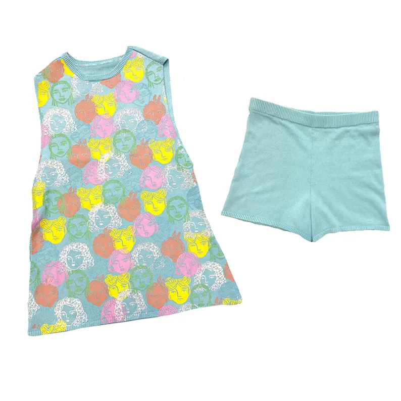 preorder GSSO2681 colorful cartoon face blue sleeveless shorts girls set