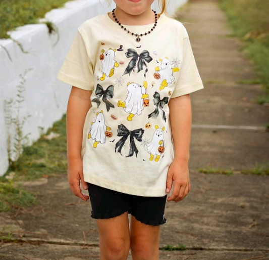 preorder GT1089 Halloween spooky bear bows short sleeve girls top