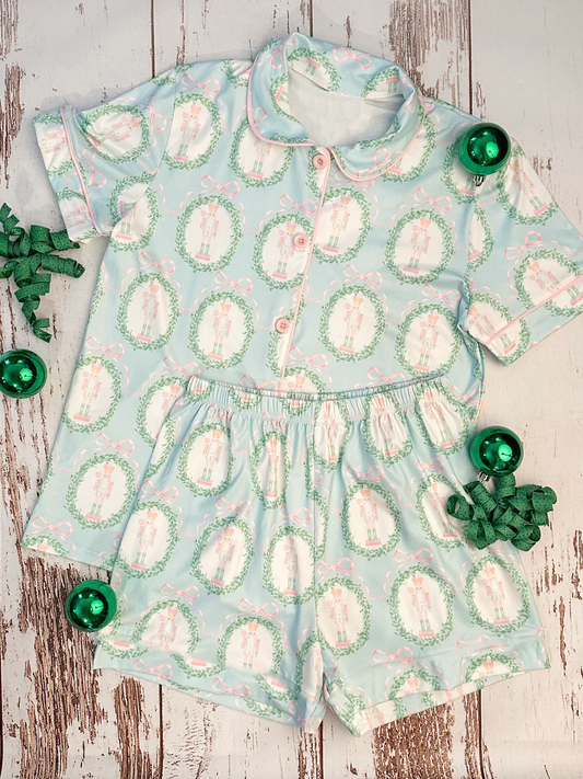 preorder GSSO2705 Christmas soldier bows blue short sleeve shorts girls pajamas